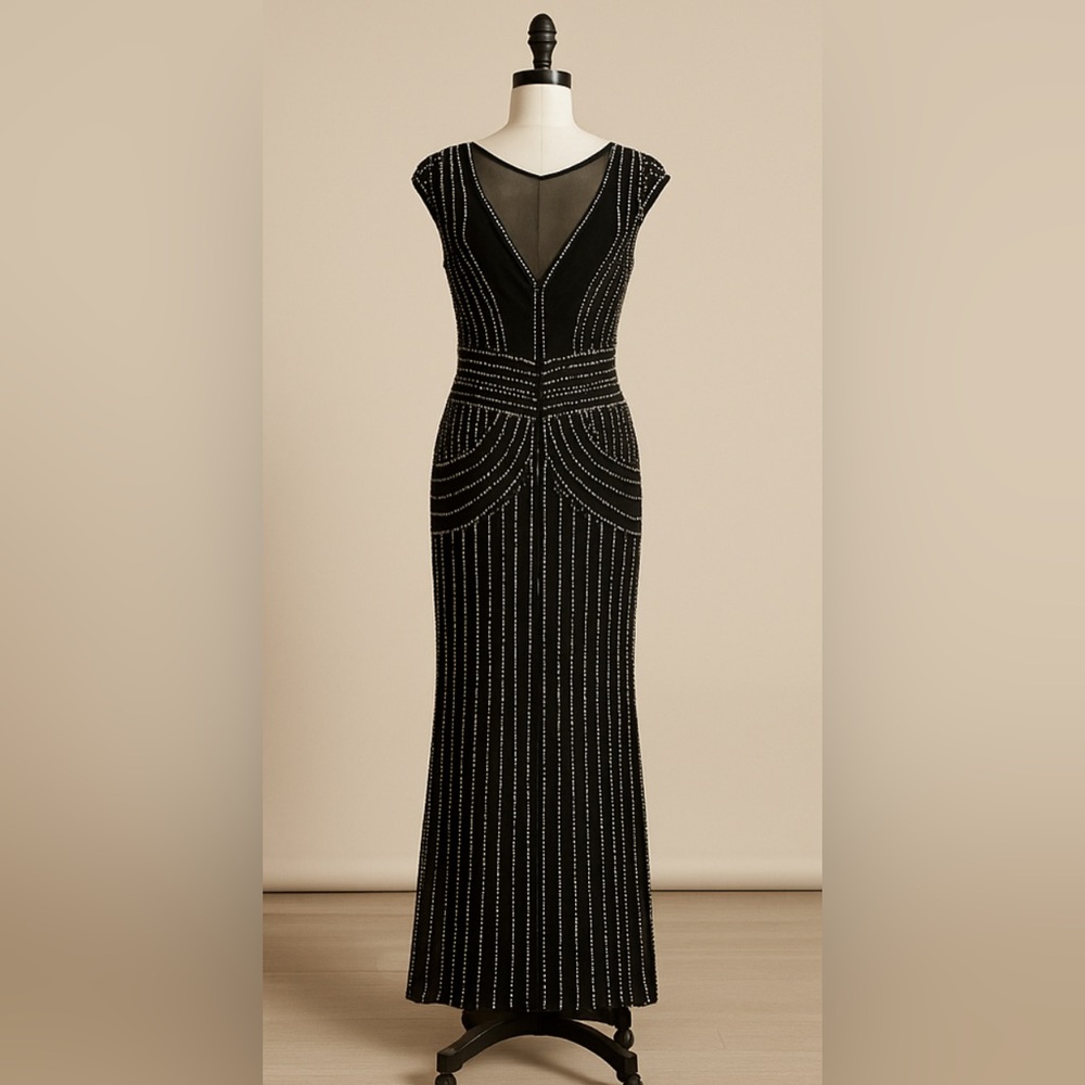 Parker Black Fully Beaded Art Deco Evening Gown Mesh Illusion Maxi Dress Size 4 - Picture 2 of 14